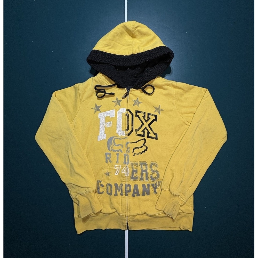 Vintage Y2K Fox Racing Full Zip Hoodie Sweatshirt Women's‎ Medium Yellow Sherpa